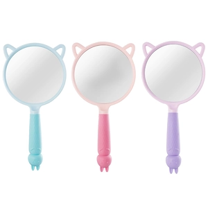 Cute bunny ear handheld makeup mirrors in blue, pink, and purple plastic frames