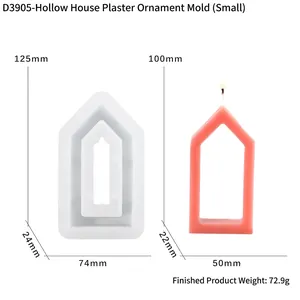 Detailed view of hollow house silicone mold and finished pink candle with dimensions