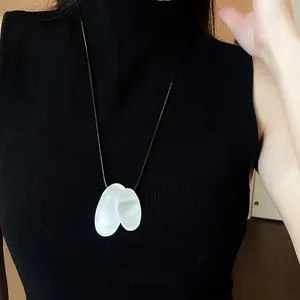 Minimalist leather cord necklace with double white oval irregular metal pendants for women