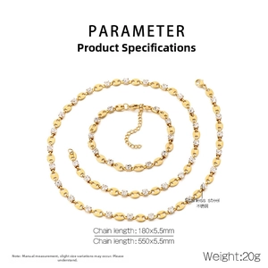 Detailed specs for gold stainless steel pig nose chain set with cubic zirconia stones