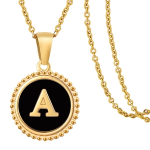 Minimalist titanium steel gold necklace with round black enamel letter A pendant on white background