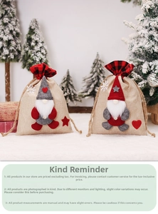 Detail of burlap Christmas gnome gift bags with drawstring and red plaid trim