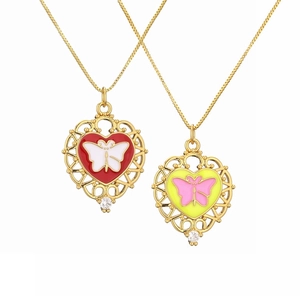 Hollow Heart Butterfly Pendant Necklace Copper Enamel Micro Set Zircon Fashion Jewelry For Women Clavicle Box Chain