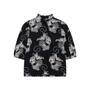 Women Mock Neck Short Bubble Sleeve Blouse Embroidery Zen Style Vintage Loose Polyester Top