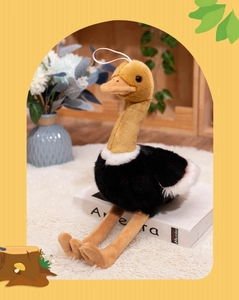 Detail shot of a small plush ostrich toy showing realistic faux fur texture on a rug