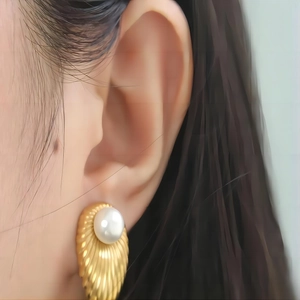Stainless Steel Drop Stud Earrings 18K Gold Plated Radial Texture Imitation Artificial Pearl Retro French Style Women Jewelry