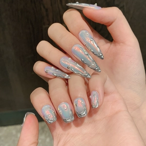 Y2K metallic holographic press-on nails with silver liquid chrome and pearl accents