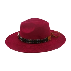 Burgundy wide brim fedora hat with ethnic woven band and bull head ornament detail