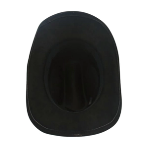 Detail view of black felt cowboy hat interior showing inner lining and matte finish