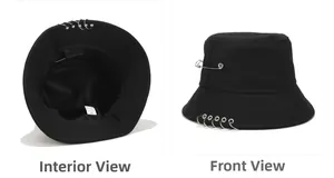 Détail d'un chapeau bob en coton avec anneaux métalliques, épingle et étiquette intérieure 100%