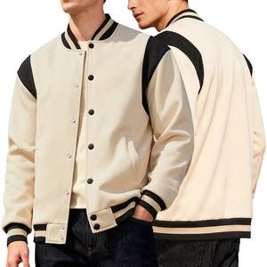 Detail of a heavyweight color-block varsity jacket with striped ribbed cuffs and snap buttons