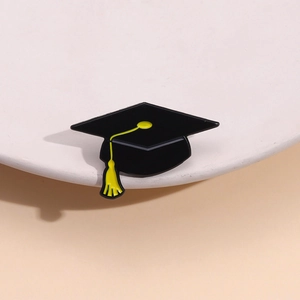 Glossy black graduation cap enamel brooch with yellow tassel for clothing and bags
