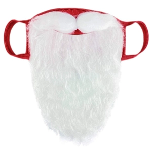 Detail of red Santa beard face mask with fluffy white artificial fiber and elastic loops