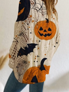 Cardigan d'Halloween ajouré pour femme avec imprimés citrouille orange et chauve-souris