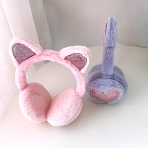 Plush cat ear earmuffs for kids in pink and purple with shiny sequins for winter warmth