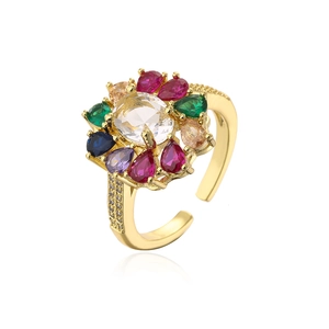 Detailed close-up of colorful floral zircon cluster ring with gold plated adjustable band