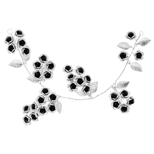 Gothic bridal headband with black rose flowers and silver metal leaves on flexible wire