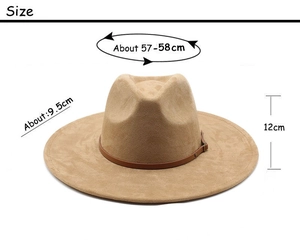 Detailed size chart for the khaki suede fedora hat with brim and height measurements