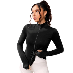 Slim fit black zip-up sports jacket for women with stand collar and thumb holes
