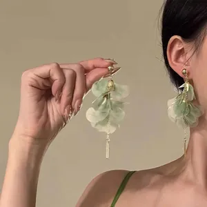 Elegant tulle crystal flower tassel earrings with long gold fringe for women's daily wear