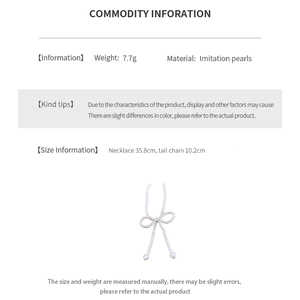 Detailed size info for the pearl bow necklace featuring a 35.8cm chain and 7.7g weight