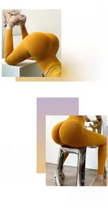 Nahaufnahme der hellgelben nahtlosen Yoga-Hose mit hohem Bund und elastischer Stofftextur
