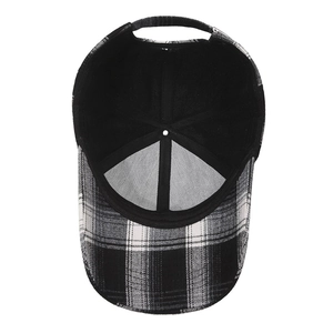 Classic black and white plaid baseball cap with adjustable strap and breathable woven fabric