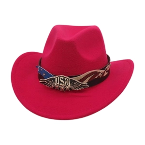 Detailed view of the metal USA wing emblem and American flag trim on a pink cowboy hat