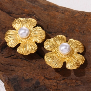 Textured 18K gold plated flower stud earrings with white pearl center for women