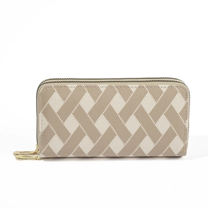 Striped dual-zipper long wallet for women in beige and white woven pattern