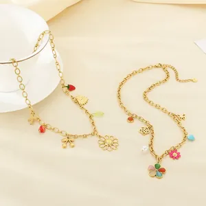 Flower Fruit Pendant Necklace Stainless Steel Gold Enamel Strawberry Cherry Heart Butterfly Bohemian Sweet Women Jewelry