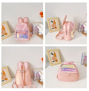 Pink cartoon rabbit backpack with shiny ears and holographic pocket from multiple angles
