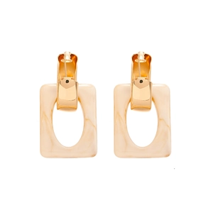 Fashionable beige resin geometric square hoop earrings with golden metal highlights