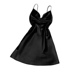 Elegant black satin slip dress with a cowl neck and slim spaghetti straps for summer