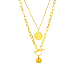 Double-layered gold titanium necklace with Queen coin pendant and paperclip chain toggle