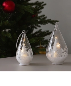 Glow waterdrop glass Christmas tree ornaments with snow scene and warm LED lighting