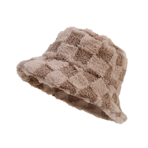 Winter checkered plush bucket hat in brown and tan faux fur for outdoor warmth and style