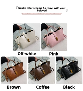 Collage of leather tote bags in off-white, pink, brown, coffee, and black with gold clasps