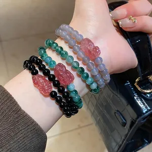 Double-layered agate bead bracelet with strawberry quartz Pixiu charm for women