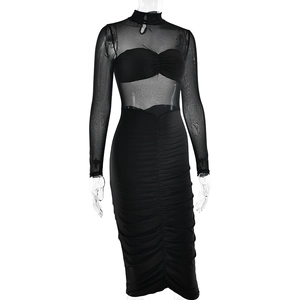 Close-up of sheer mesh stitching and ruched detail on a black bodycon dress