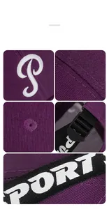 Detail of purple cotton baseball cap featuring 3D white embroidered P and sport strap
