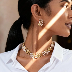 Detail of vintage flower leaf necklace set with pearls worn under artistic lighting
