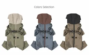 Detail view of waterproof dog raincoats featuring integrated harness and D-ring attachment