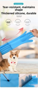 Macro detail of thick blue silicone pet grooming glove with high elasticity and durability