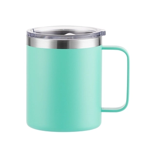 Detail of mint green stainless steel mug with sturdy handle and clear spill-proof lid