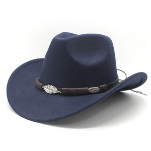 Close-up of dark blue wool cowboy hat with brown braided band and silver leaf metal detail