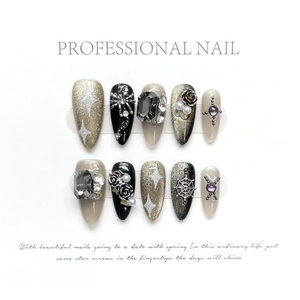 Handmade dark night cat eye press-on nails with 3D gems, pearls, and metal cross charms