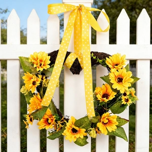 Couronne De Tournesols Artificiels En Forme De Cœur Avec Base En Rotin Et Ruban À Pois Décoration Murale Mariage Fête