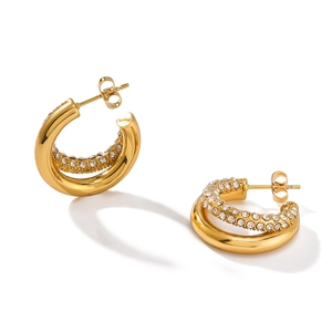 Elegant gold 18K plated stainless steel C-shaped twisted earrings with zircon stones