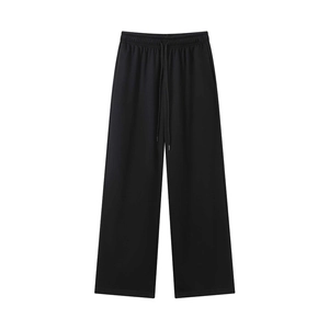 Detail of high waist wide leg sweatpants with drawstring elastic waistband in black